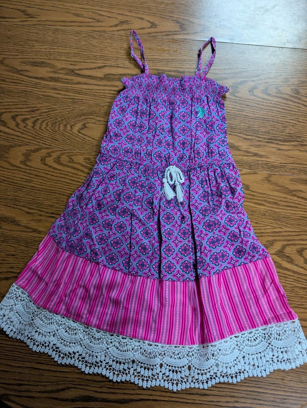 US Polo Assn Girls 5/6 Purple Pink Smocked Sundress Tiered Lace Hem Tassel